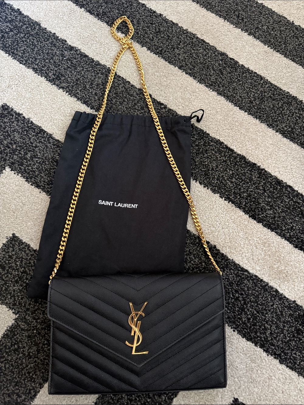 Saint Laurent Black Quilted Leather Shoulder Bag with Gold Chain & YSL Logo